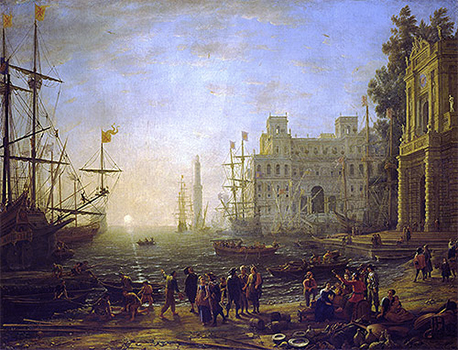 Claude Lorrain, Port Scene with the Villa Medici: sailing ships and people on a golden waterfront beside classical buildings.